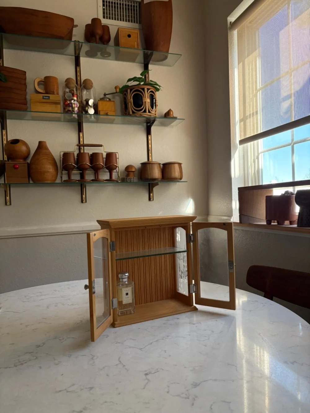 Wood Vintage Mini Curio Dispkay with Glass Shelf - Natural Brown